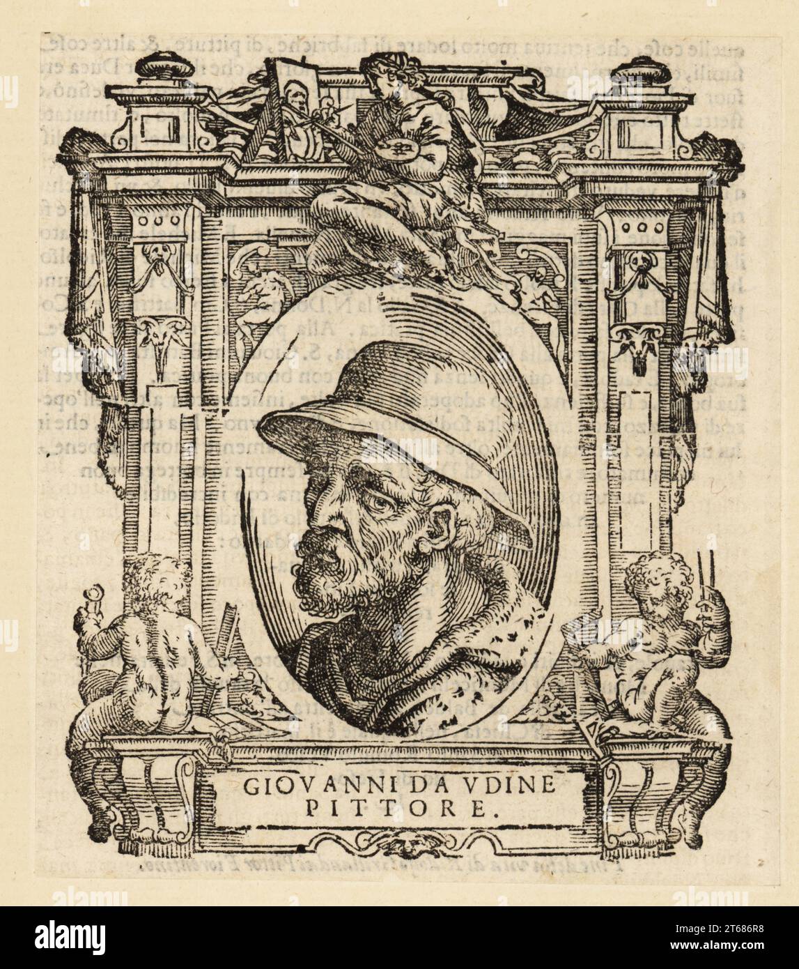 Portrait de Giovanni Nanni, peintre et architecte italien né à Udine, 1487-1564. Giovanni da Udine Pittore. Gravure sur bois de Giorgio Vasaris le vite de piu eccellenti pittori, scultori, et architecettori, la vie des plus excellents peintres, sculpteurs et architectes, Florence, 1678. Banque D'Images