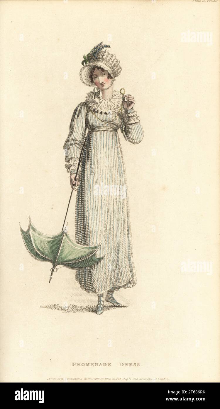 Régence femme en robe de promenade avec lorgnette. Robe haute en sarsnet à rayures satinées de bleu céleste et de blanc, robe en dentelle française, bonnet français de tull, cordes de satin, parasol en soie. 14, tôle 11, 1 août 1815. Gravure sur plaque de coperplate de couleur main par Thomas Uwins de Rudolph Ackermann's Repository of Arts, Strand, Londres. Banque D'Images