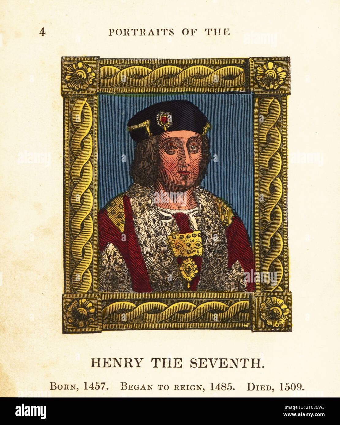 Portrait du roi Henri le septième, Henri VII d'Angleterre, né en 1457, a commencé le règne 1485 et est mort en 1509. En casquette, double avec bordure en fourrure, chaîne dorée, dans le cadre orné. Gravure faite à la main par Cosmo Armstrong de Portraits et personnages des rois d'Angleterre, de William le Conquérant à George le troisième, John Harris, Londres, 1830. Banque D'Images