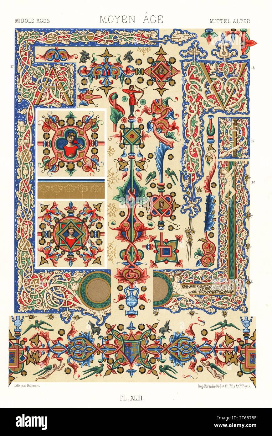 Moyen âge : manuscrit enluminé. Décorations avec animaux, fleurs, figures et oiseaux d'un manuscrit italien attribué à Simone Memmi, 14e siècle, et marges et initiales peintes d'un manuscrit Suétone et Justinien, 15e siècle 17-20. Moyen Age. Chromolithographie finie à la main par Daumont de Albert-Charles-Auguste racines LOrnage Polychrome, (ornement polychromatique), Firmin-Didot, Paris, 1869-73. Banque D'Images