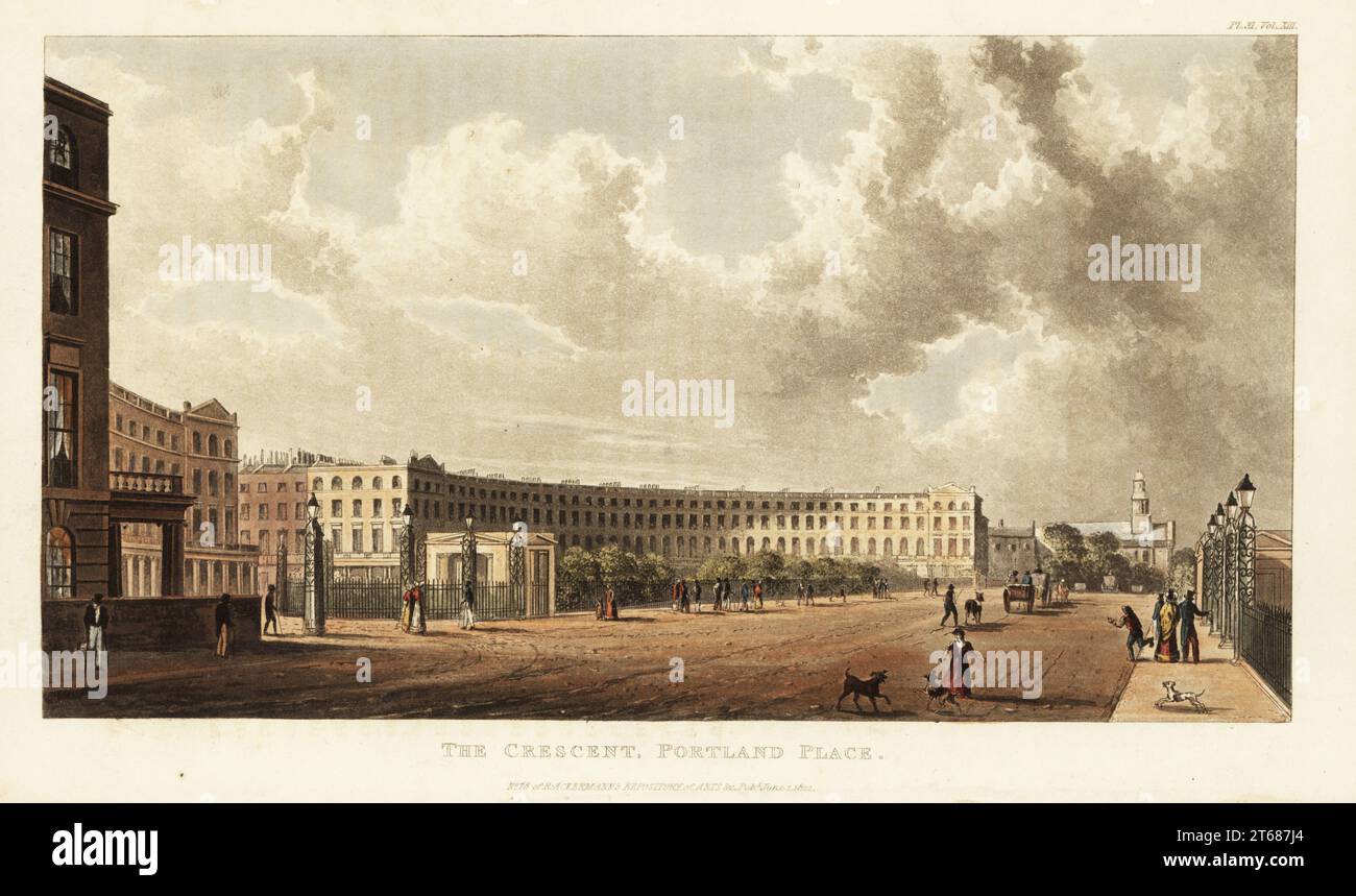 The Crescent construit par l'architecte John Nash à Portland place, Londres, 1822. Aujourd'hui Park Crescent, à l'extrémité nord de Portland place, faisait à l'origine partie d'un projet de Regents Circus. Gravure sur cuivre colorée à la main de Rudolph Ackermanns Repository of Arts, Littérature, Fashions, manufactures, etc., Strand, Londres, 1822. Banque D'Images