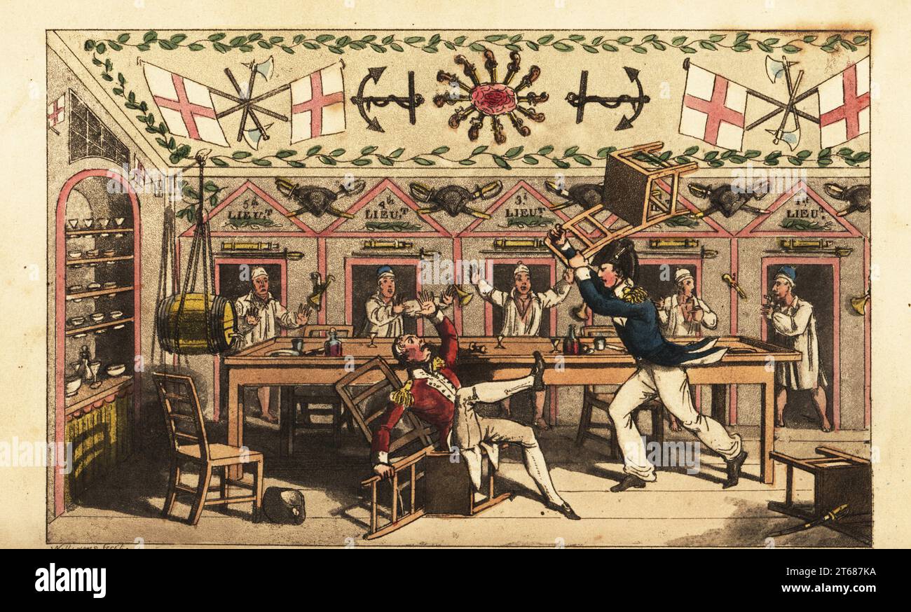 Le lieutenant Newcome attaque le capitaine Clackit avec une chaise tandis que d'autres officiers en chemise de nuit sortent de leurs cabines, le HMS Victory. Clackit avait poignardé Newcome avec son épée. La salle des officiers était décorée de pistolets, ancres, drapeaux, épées, lunettes et un tonneau de grog. La salle Ward. Newcome et Capt Clackit. Gravure sur cuivre colorée à la main d'après une illustration de Charles Williams de John Mitfords Adventures of Johnny Newcome in the Navy, Londres, 1819. Banque D'Images