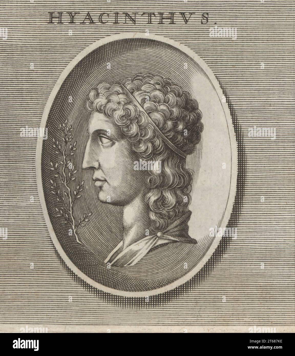 Jacinthe ou Hyacinthe, héros divin doux et intelligent et amoureux d'Apollon de la mythologie grecque. Gravure sur cuivre d'après une illustration de Joachim von Sandrart tirée de sa LAcademia Todesca, della Architectura, Scultura & Pittura, oder Teutsche Academie, der Edlen Bau- Bild- und Mahlerey-Kunste, Académie allemande d'architecture, de sculpture et de peinture, Jacob von Sandrart, Nuremberg, 1675. Banque D'Images