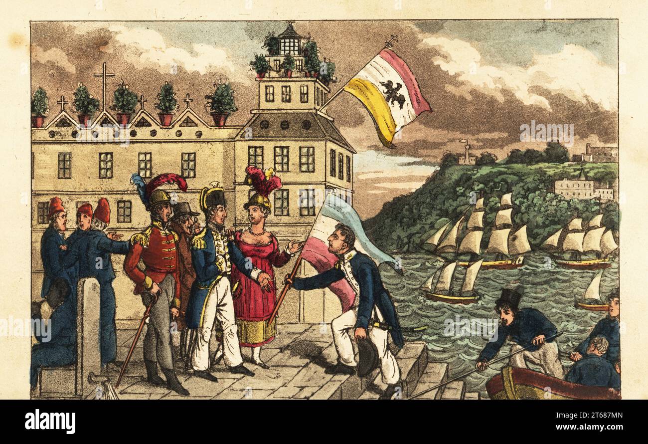 Le capitaine Newcome présente un drapeau français capturé à l'amiral Horatio Nelson à Palerme, Sicile, 1799. Nelson se tient sur le quai avec sa maîtresse Emma Hamilton et son mari âgé Sir William Hamilton. Drapeau du Royaume de Sicile flotte d'un bâtiment. Palermo Pier. Newcome victorieux. Gravure sur cuivre colorée à la main d'après une illustration de Charles Williams de John Mitfords Adventures of Johnny Newcome in the Navy, Londres, 1819. Banque D'Images