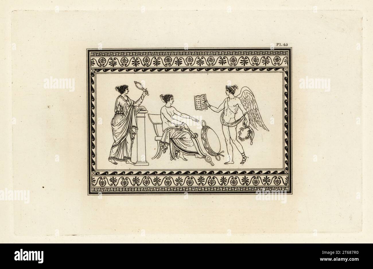 Déesse romaine Cérès assise sur une chaise avec un outil agricole. Un vannus mystique ou un panier de vannage devant elle. Son génie lui présente un livre et tient une couronne, indiquant un prêtre du Themosphori. Une prêtresse s'appuie sur une colonne tenant un miroir. Gravure sur cuivre de Thomas Kirk (1765-1797) de Sir William Hamiltons esquisse des figures et compositions sur les vases grecs, romains et étrusques du regretté Sir Hamilton, T. MLean, Londres, 1834. Banque D'Images