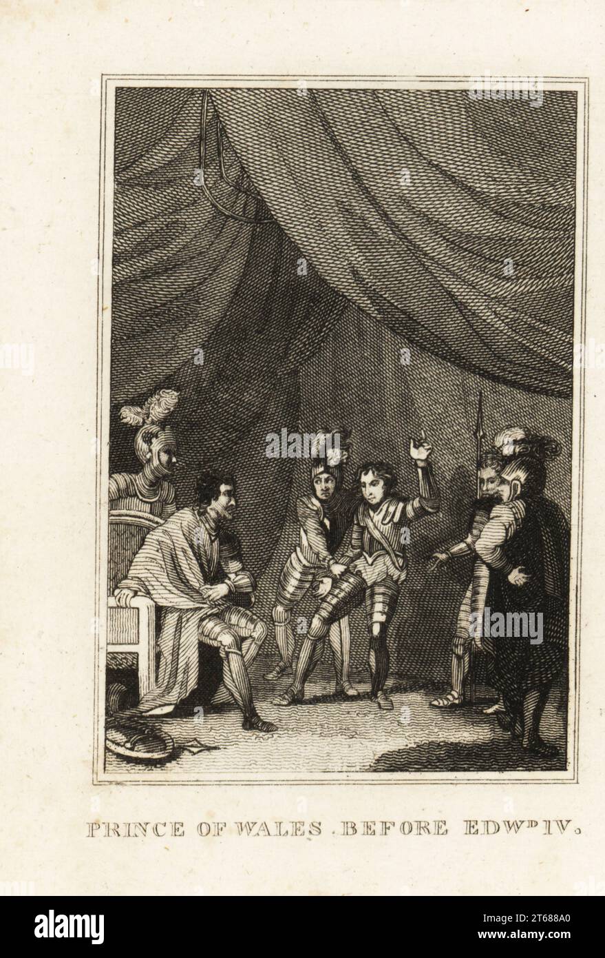 Édouard de Westminster a été amené devant le roi Édouard IV après la bataille de Tewkesbury en 1471. Le prince de 17 ans a été tué peu de temps après par le roi et ses frères. Prince de Galles avant le roi Édouard IV Gravure sur cuivre de M. A. Jones Histoire de l'Angleterre de Jules César à George IV, G. Virtue, 26 Ivy Lane, Londres, 1836. Banque D'Images