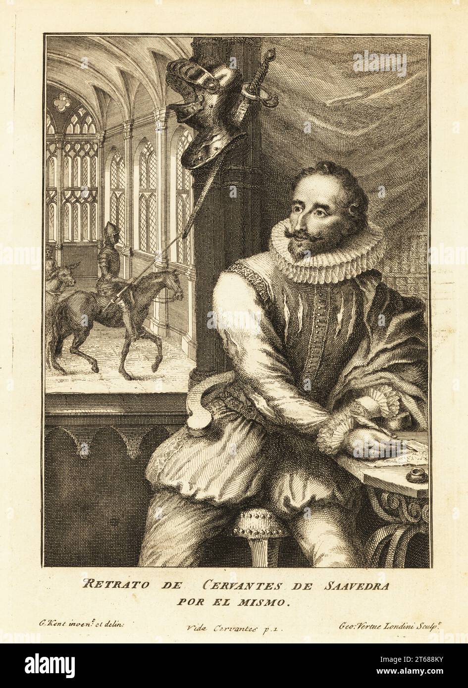 Portrait du romancier Miguel Cervantes de Saavedra, 1547-1616. Homme avec la barbe Van Dyke dans le collier de ruff, doublet, culottes, tuyau, assis dans une bibliothèque, écriture avec un stylo de quill sur le papier. Derrière lui un casque et une épée, et un chevalier à cheval avec lance dans un intérieur voûté. Gravure sur plaque de coperplate par George Vertue après un portrait de William Kent (G. Kent par erreur) de la vie et des exploits du gentleman ingénieux Don Quichotte de la Mancha, traduit de l'espagnol original de Miguel Cervantes par Charles Jarvis, J et R Tonson, Londres, 1738. Banque D'Images