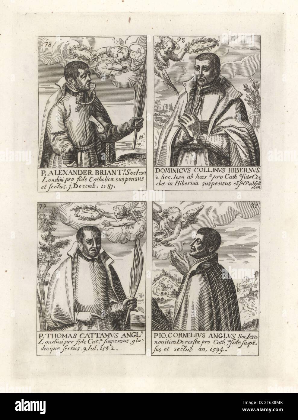 Portraits de martyrs jésuites, de catholiques anglais et écossais tués au 16e siècle. Montré recevant les couronnes de martyr des anges, trois avec le nœud coulant du bourreau. Alexander Briant 1581, Dominic Collins 1602, Thomas Cattamus 1582, John Cornelius 1594. Gravure sur cuivre de Samuel Woodburns Gallery of rare Portraits consistant en plaques originales, George Jones, 102 St Martins Lane, Londres, 1816. Banque D'Images