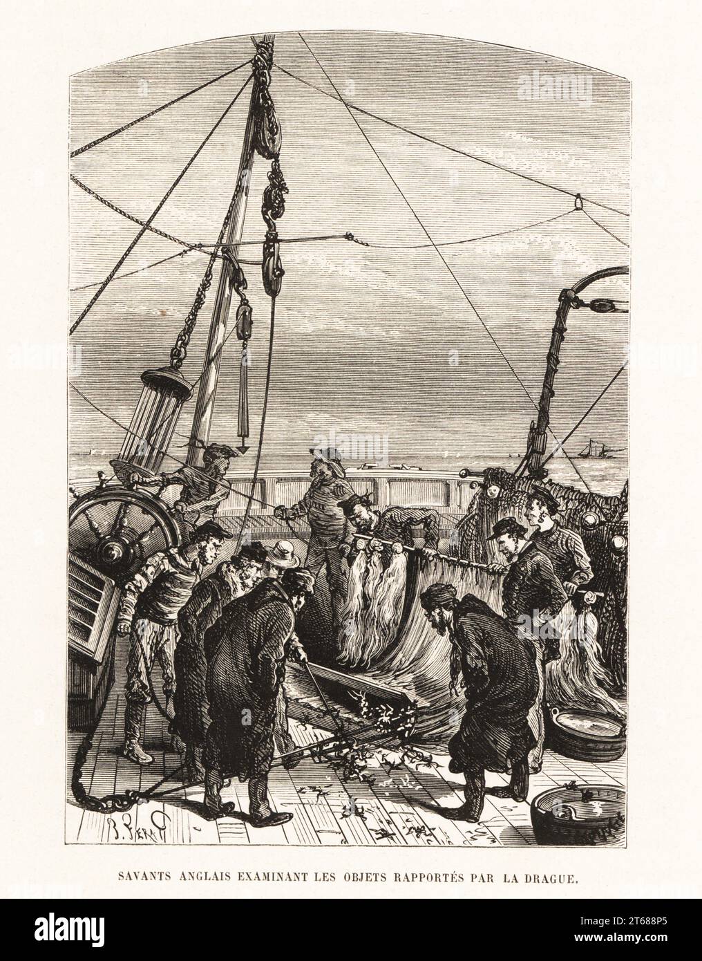 Marins anglais examinant des objets dragués de la mer. Les pêcheurs vérifient leurs prises. Savants anglais examinant les objets rapporte par la drague. Gravure sur bois de Jules-Descartes Ferat d'Alfred Fredols le monde de la Mer, le monde de la Mer, édité par Olivier Fredol, Librairie Hachette et. C.E., Paris, 1881. Alfred Fredol était le pseudonyme du zoologiste et botaniste français Alfred Moquin-Tandon, 1804-1863. Banque D'Images