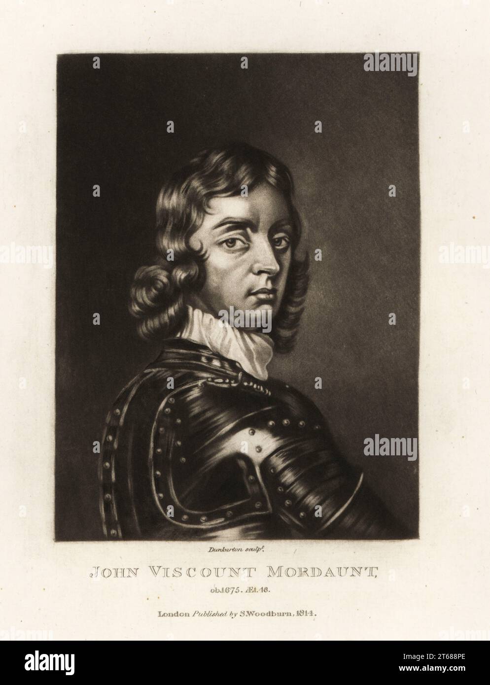 John Mordaunt, 1er vicomte Mordaunt, 1626-1675.Conspirateur royaliste anglais pour la restauration du roi Charles IIEn armure de parade et collier.Mezzotint gravure de Robert Dunkarton d'après Adriaen Hanneman de Richard Earlom et Charles Turner Portraits de personnages illustres dans l'histoire britannique gravé dans Mezzotinto, publié par S. Woodburn, Londres, 1814. Banque D'Images