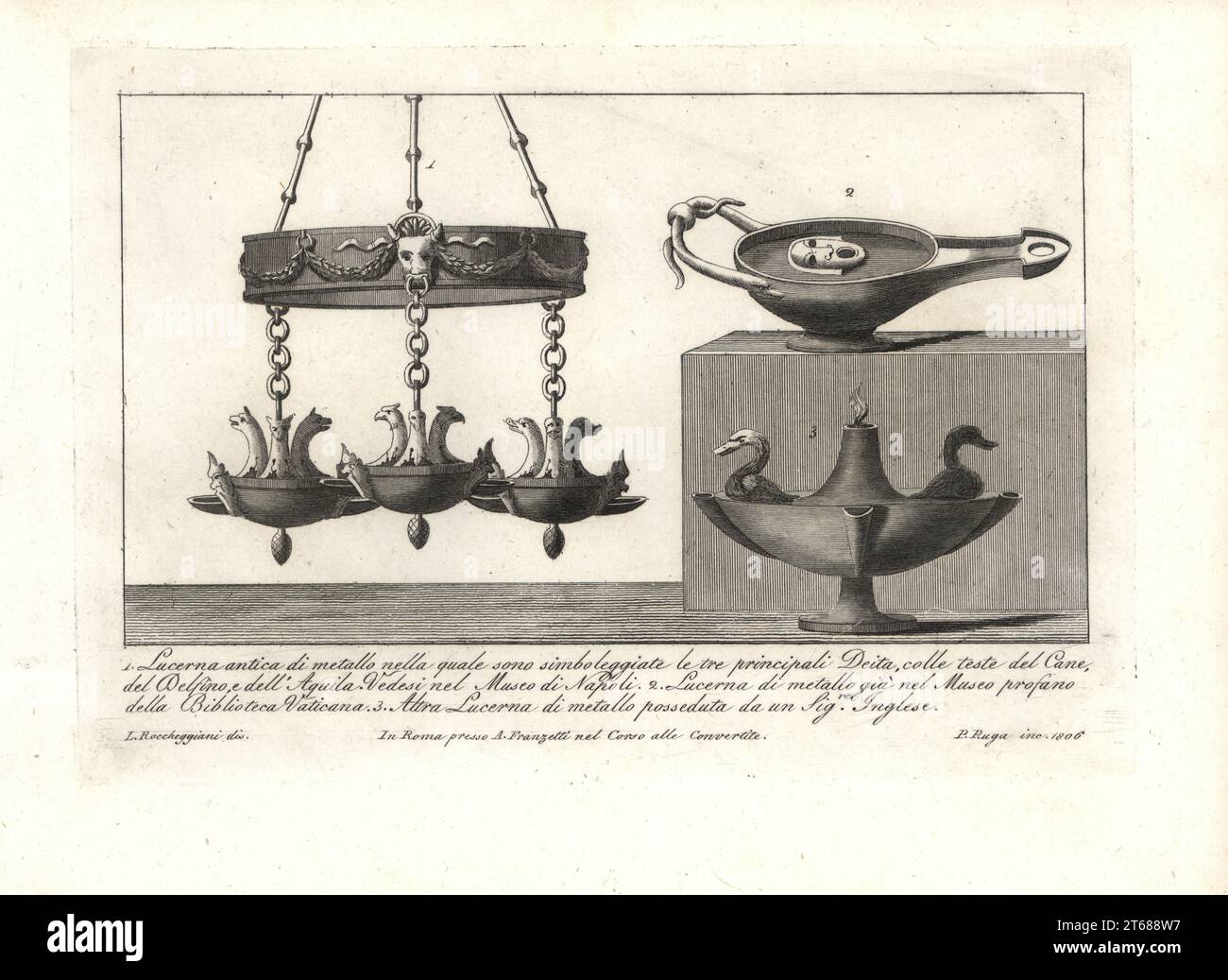 Ancienne lampe en métal avec têtes de chiens, dauphins et aigles symbolisant les trois principales divinités du Musée de Naples 1, lampe à huile en métal avec masque théâtral dans le Museo Profano, la Bibliothèque du Vatican 2, et une autre lampe en métal avec têtes de cygne 3. Gravure de coperplate par Pietro Ruga après une illustration par Lorenzo Rocceggiani de ses 100 plaques de costumes religieux, civil et militaire des anciens Egyptiens, Etrusques, Grecs et Romains, Franzetti, Rome, 1802. Banque D'Images