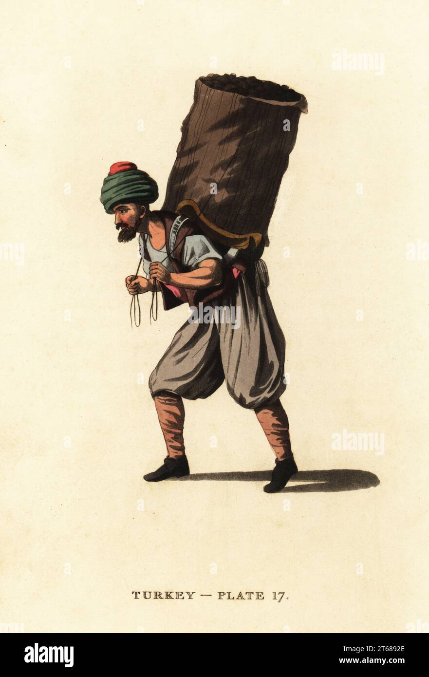 Hamal ou porteur commun en turban, chemise, pantalon et guêtres. Les porteurs turcs ou arméniens à Pera portent leurs fardeaux sur le dos entre les hanches et les épaules. Gravure sur cuivre colorée à la main d'après Octavian Dalvimart de William Alexanders traduction de représentations pittoresques de la robe et des manières des Turcs, Thomas MLean, Londres, 1814. Banque D'Images