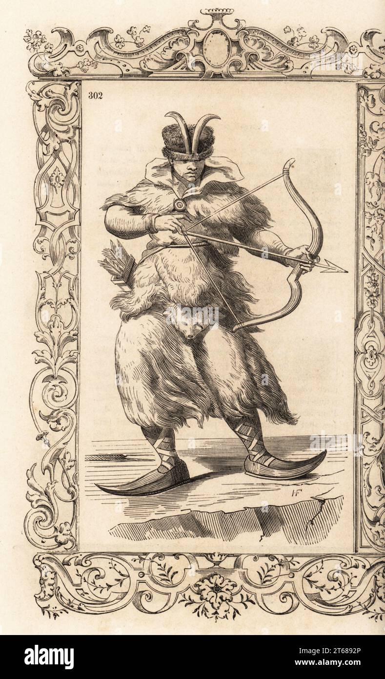 Costume d'une femme chasseur de Bjarmaland (aujourd'hui oblast d'Arkhangelsk, Russie). Elle porte une tenue de peaux d'hermine, un chapeau de fourrure orné de cornes, de longues chaussures incurvées. Elle chasse avec arc et flèche. Femme de Biarmie. Dans un cadre décoratif gravé par H. Catenacci et Fellmann. Gravure sur bois de Gerard Seguin et E.F. Huyot d'après une gravure sur bois de Christoph Krieger de Cesare Vecellios costumes anciens et modernes du 16e siècle, Habiti antichi et moderni di tutto il mondo, Firman Didot Ferris fils, Paris, 1859-1860. Banque D'Images