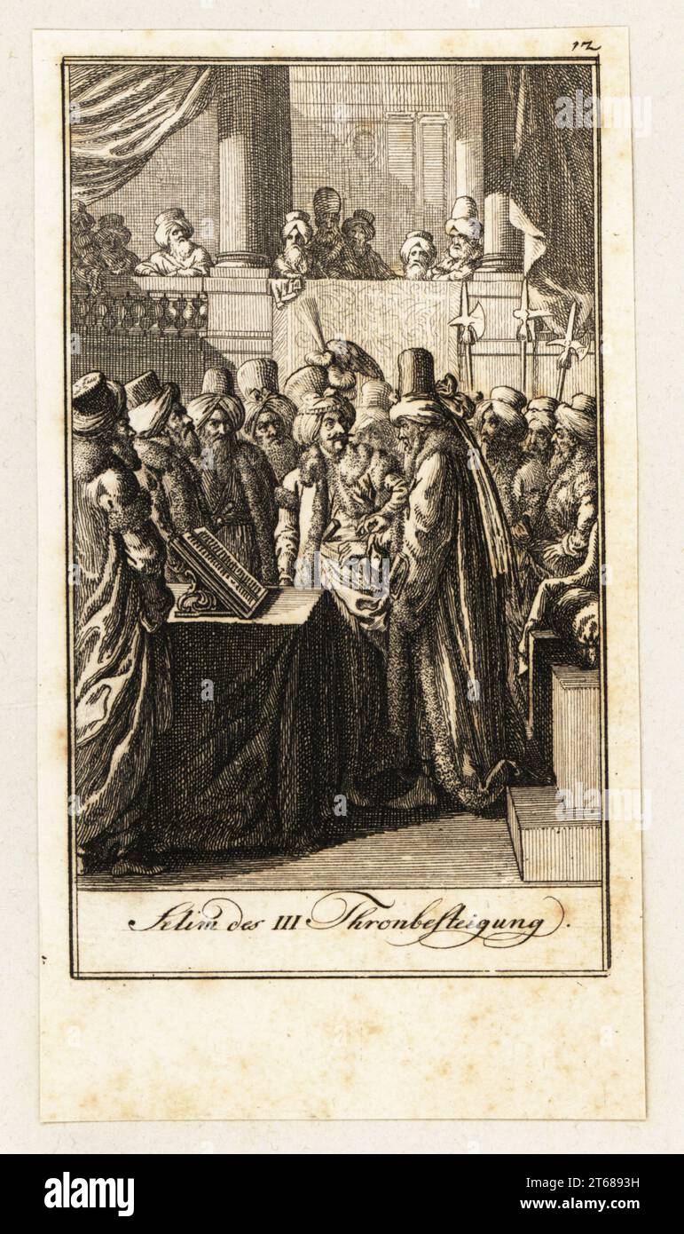 L'enthronement de Selim III, Sultan de l'Empire ottoman, dans Constrantinople, 1789. Selim des III Thronbesteigung. Gravure en plaques de coperplate dessinée et gravée par Daniel Nikolaus Chodowiecki de 12 Blätter Darstellungen aus der neuen Geschichte, 12 photos illustrant l'histoire moderne, Allemagne, 1789. Banque D'Images