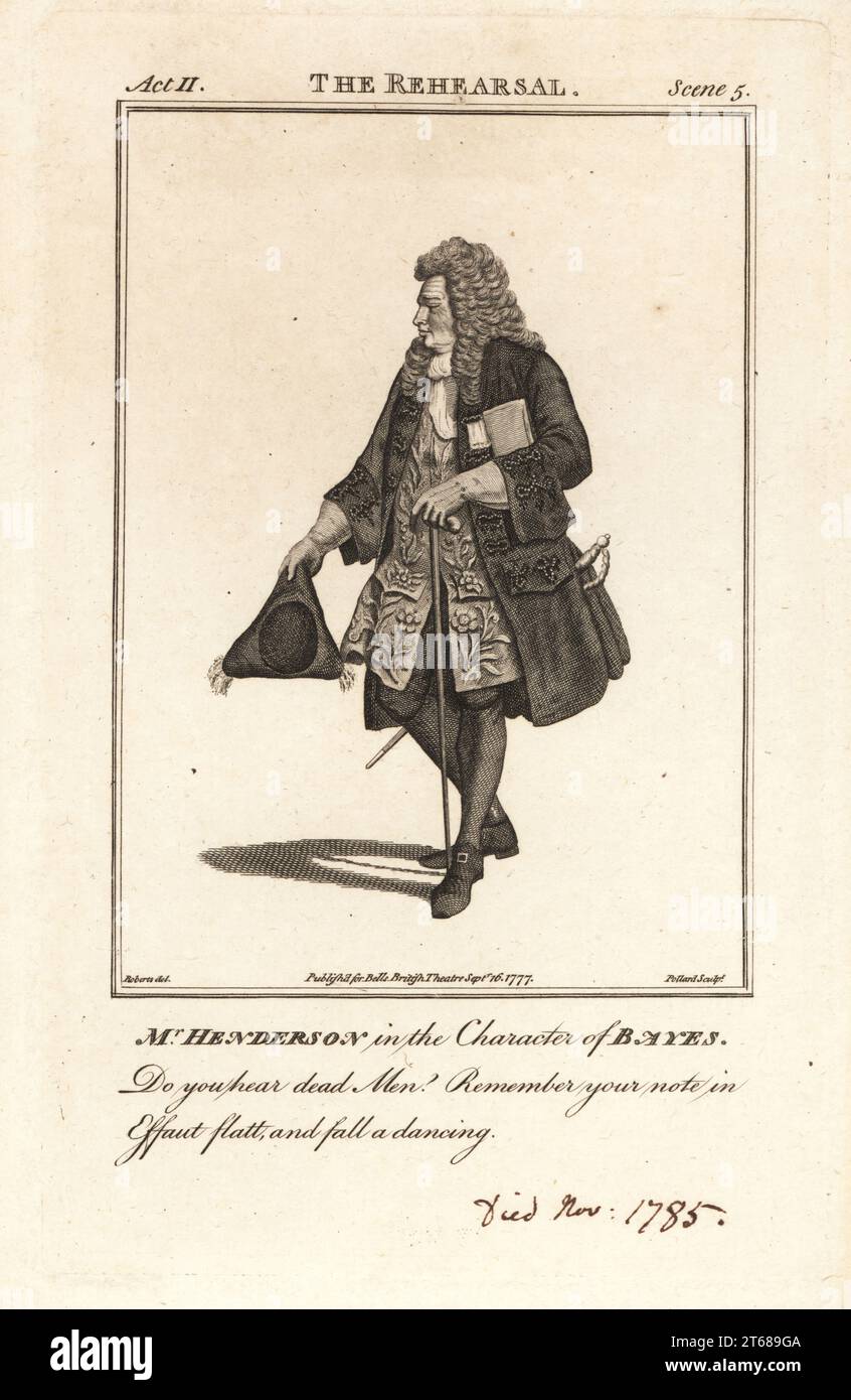 M. John Henderson dans le personnage de Bayes dans George Villiers, Duc de Buckinghams la répétition, Haymarket Theatre, 1777. Mort en 1785. Gravure sur cuivre de R. Pollard d'après une illustration de James Roberts du Bells British Theatre, composée des pièces anglaises les plus appréciées, John Bell, Londres, 1777. Banque D'Images