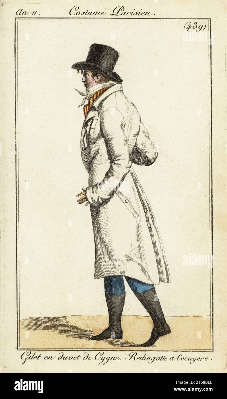 Jeune dandy dans un manteau de cavalier, gilet rayé en duvet de cygne ...