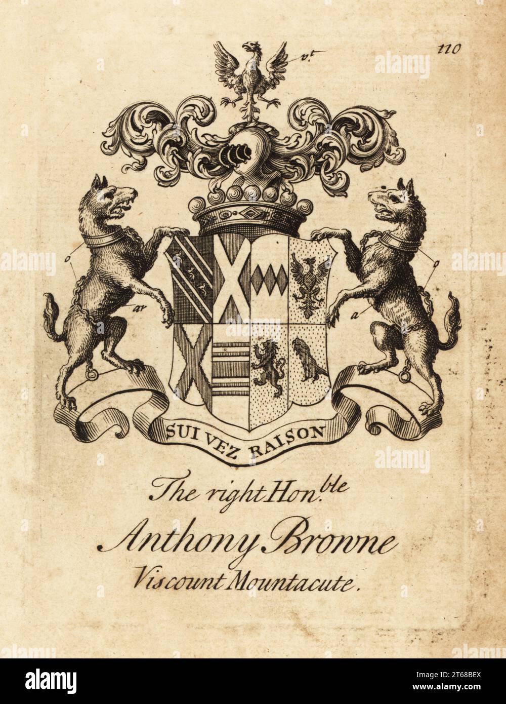 Armoiries du très honorable Anthony Browne, Viscount Mountacute ou Viscount Montagu. Gravure de Copperplate par Andrew Johnston après C. Gardiner de Notitia Anglicana, Shwing the Réalisations of all the English noblesse, Andrew Johnson, The Strand, Londres, 1724. Banque D'Images