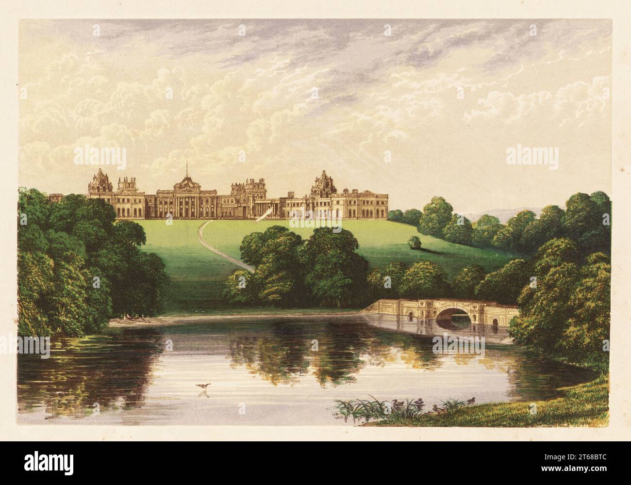 Palais de Blenheim, Oxfordshire, Angleterre. Palais de style baroque anglais construit par Sir John Vanbrugh pour John Churchill, 1e duc de Marlborough au début du 18e siècle. Bloc de bois de couleur de Benjamin Fawcett dans le procédé Baxter d'une illustration d'Alexander Francis Lydon du révérend Francis Orpen Morriss vues pittoresques des sièges des nobles et des gentlemen de Grande-Bretagne et d'Irlande, William Mackenzie, Londres, 1880. Banque D'Images