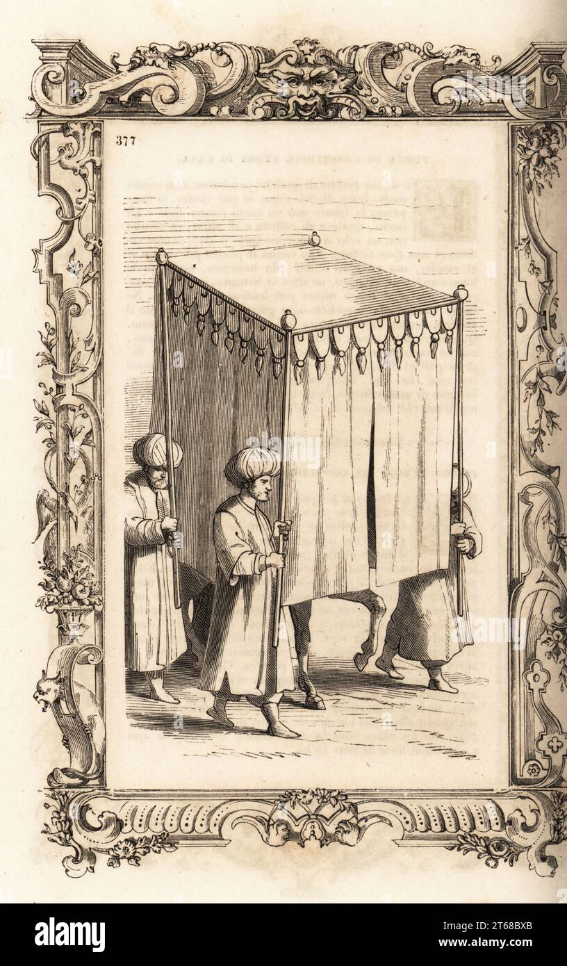 Épouse turque chevauchant sous un baldachin, 16e siècle. Elle est protégée des autres yeux masculins par quatre serviteurs masculins dans les turbans tenant un baldaquin au rideau autour d'elle. Epousee Turque. Dans un cadre décoratif gravé par H. Catenacci et Fellmann. Gravure sur bois de Gerard Seguin et E.F. Huyot d'après une gravure sur bois de Christoph Krieger de Cesare Vecellios costumes anciens et modernes du 16e siècle, Habiti antichi et moderni di tutto il mondo, Firman Didot Ferris fils, Paris, 1859-1860. Banque D'Images