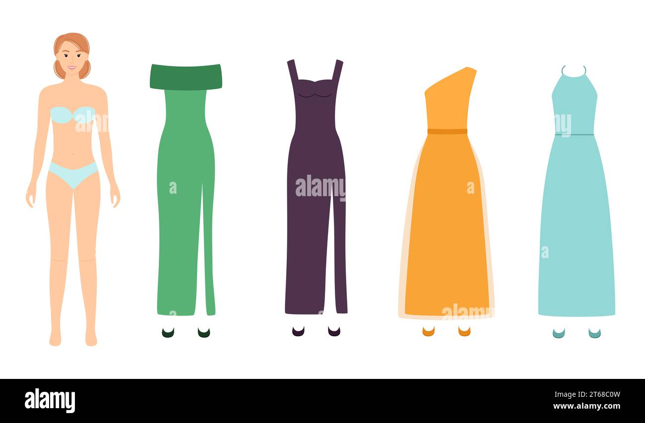Poupée en papier avec des robes de mode pour différents événements, illustration vectorielle Banque D'Images