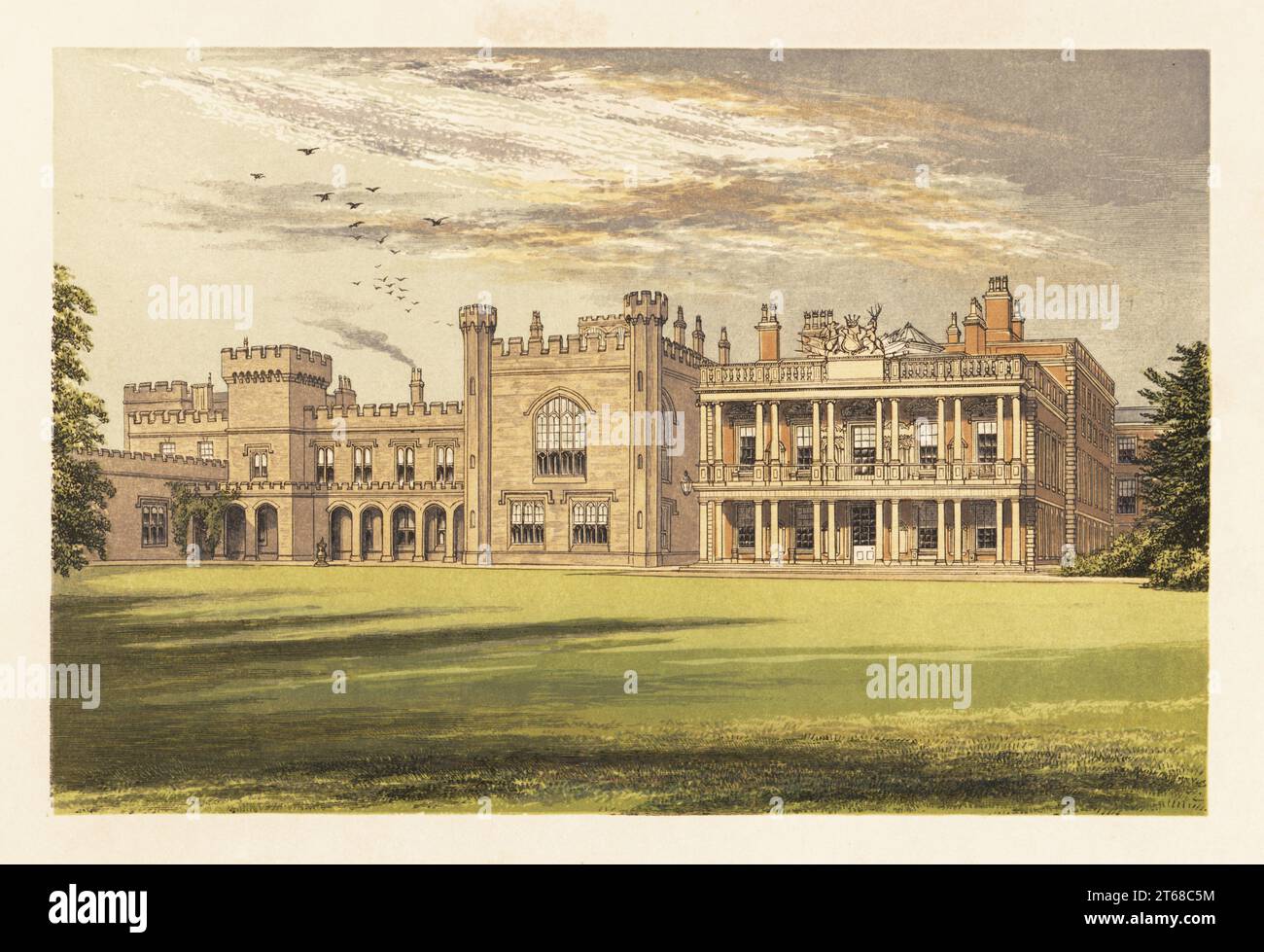 Knowsley Hall, Lancashire, Angleterre. Pavillon de chasse médiéval développé en une grande maison par James Stanley, 10e comte de Derby, en 1702. Des castellations gothiques étendues et données en 1820 par John Foster et William Burn pour Edward Smith-Stanley, 13e comte de Derby. Bloc de bois de couleur de Benjamin Fawcett dans le procédé Baxter d'une illustration d'Alexander Francis Lydon du révérend Francis Orpen Morriss vues pittoresques des sièges des nobles et des gentlemen de Grande-Bretagne et d'Irlande, William Mackenzie, Londres, 1880. Banque D'Images