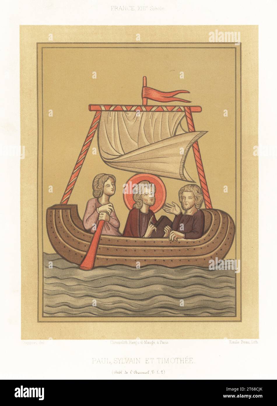 Saint Paul en halo avec Silas et Timothée sur un petit voilier avec un seul mât, voile et gouvernail. Paul, Sylvain et Timothée, tiré du Livre de Thessalonicans dans une Bible manuscrite, MS T.L. 2, Bibliothèque de l'Arsenal, 13e siècle. France, XIIIe siècle. Chromolithographie d'Emile beau d'après une illustration de Claudius Joseph Ciappori de Charles Louandres les Arts psychiatriques, les Arts sommaires, Hangard-Mauge, Paris, 1858. Banque D'Images