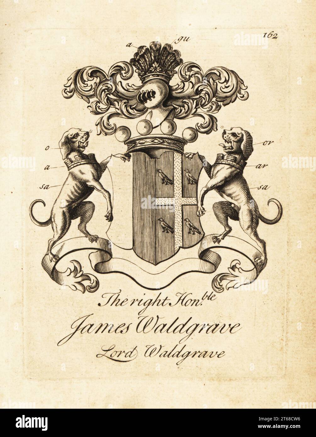 Armoiries du très honorable James Waldgrave, Lord Waldgrave. Gravure de Copperplate par Andrew Johnston après C. Gardiner de Notitia Anglicana, Shwing the Réalisations of all the English noblesse, Andrew Johnson, The Strand, Londres, 1724. Banque D'Images