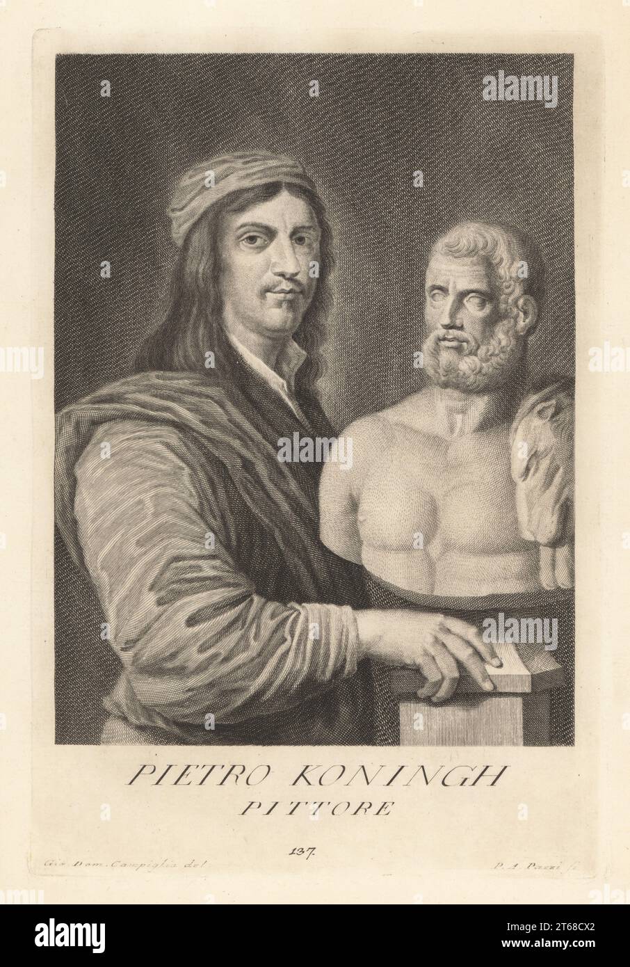 Philip de Koninck ou Philips Koninck, peintre paysagiste néerlandais, 1619-1688. Frère cadet de Jacob Koninck. Debout à côté d'un buste classique d'un homme barbu en peau de lionskin (Hercules). Mal étiqueté Pietro Koningh, Pittore. Gravure sur plaque de coperplate par Pietro Antonio Pazzi d'après Giovanni Domenico Campiglia après un autoportrait par l'artiste du Museo Florentino de Francesco Moucke, Serie di Ritratti de Pittori (série de Portraits de Peintres) stampia Mouckiana, Florence, 1752-62. Banque D'Images