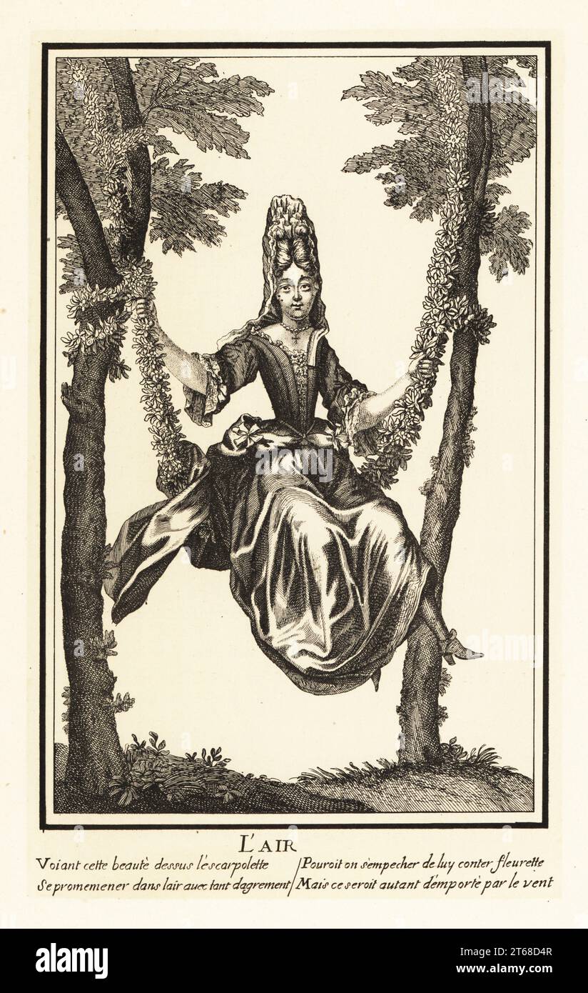 Femme à la mode assise sur une balançoire décorée de guirlandes, 18e siècle. L'air. Voiant cette belle dessus l'escarpolette se promemener dans l'air avec tant d'accord. Lithographie de Henry Rene dAllemagnes Recreations et passe-temps, Jeux et passe-temps, Hachette, Paris, 1906. Banque D'Images