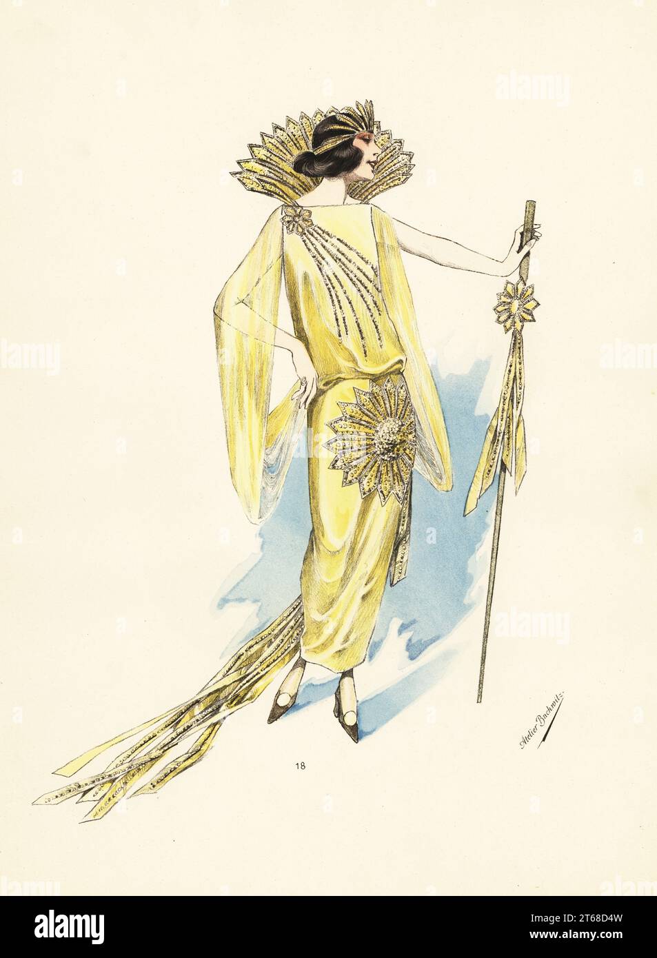 Femme en costume de fantaisie comme comète.Robe jaune en satin ornée de sequins, grand col en mousseline.Lithographie pochorale de couleur main du Carnaval parisien, Volume 10, une édition spéciale du chic parisien, publiée par atelier Bachwitz, Vienne, 1920. Banque D'Images