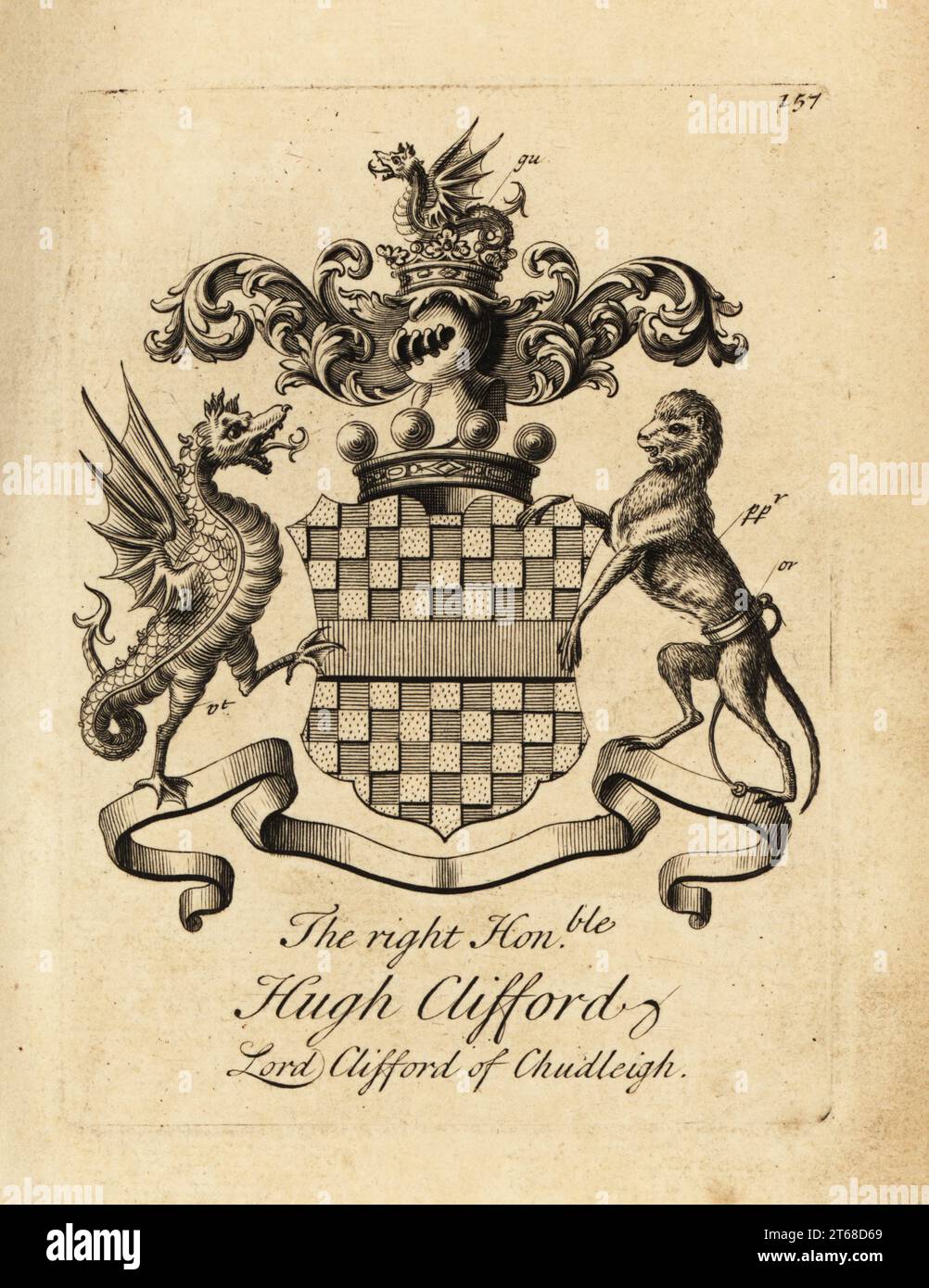 Armoiries du très honorable Hugh Clifford, Lord Clifford de Chudleigh, 2e baron Clifford de Chudleigh (16631730). Gravure sur cuivre d'Andrew Johnston d'après C. Gardiner de Notitia Anglicana, Shewing the Achievements of All the English Nobility, Andrew Johnson, The Strand, Londres, 1724. Banque D'Images