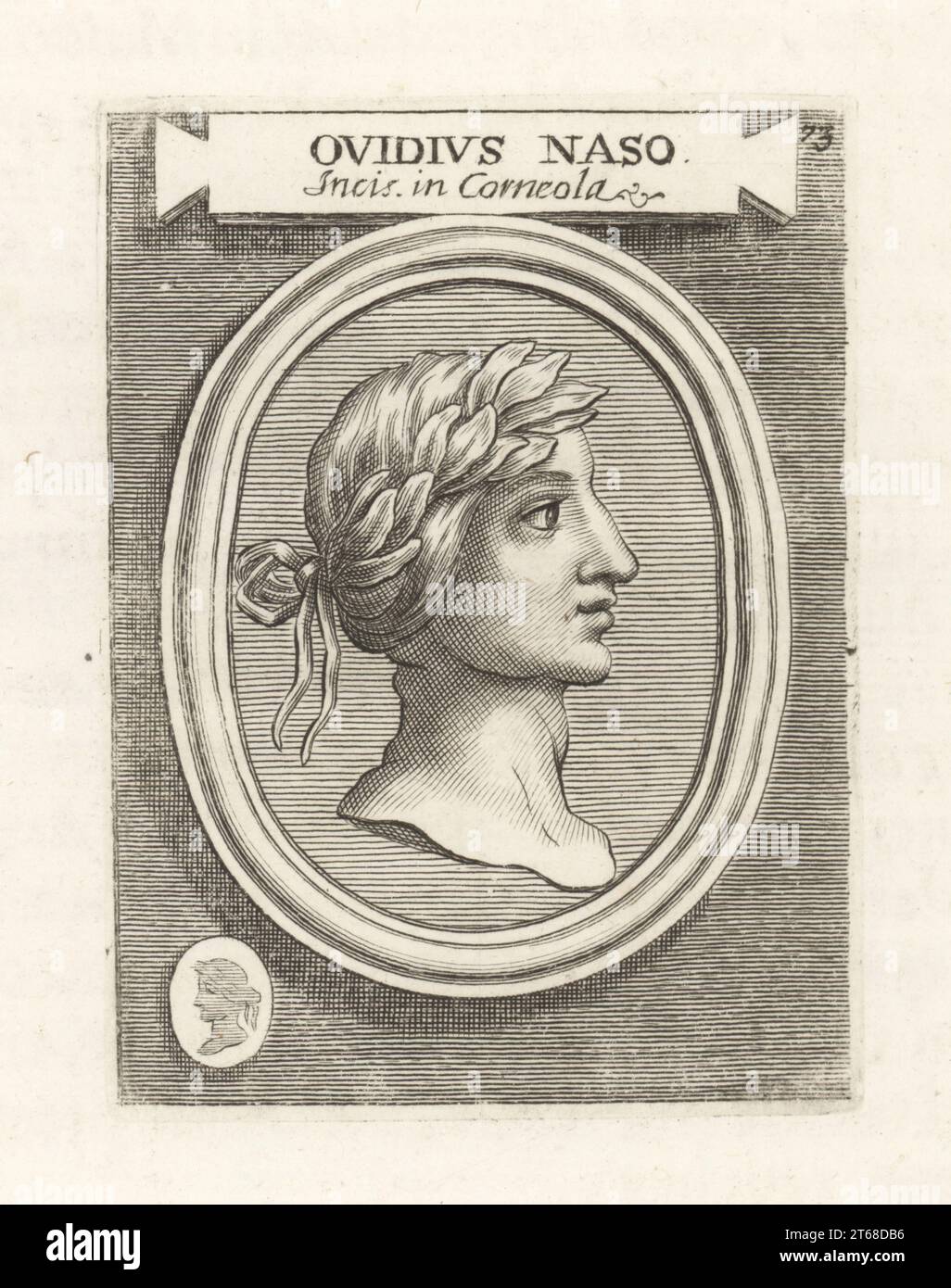 Ovide, poète romain qui a vécu pendant le règne d'Auguste, 43 BC-c.17 AD. En couronne de Laurier. Gemme cornélienne gravée. Publius Ovidius NASO. Incis. A Corneola. Gravure sur cuivre de Francesco Valesio, Antonio Gori et Ridolfino Venutis Academia Etrusca, Musée Cortonense in quo Vetera Monumenta, (Académie étrusque ou Musée de Cortona), Faustus Amideus, Rome, 1750. Banque D'Images