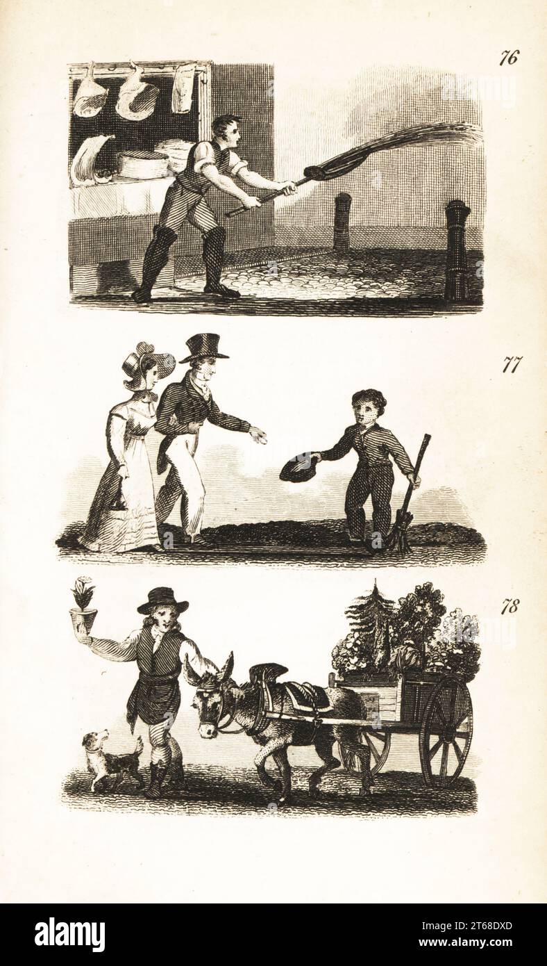 Arroser les rues, Little Boy at the Crossing et The Flowerpot Man Homme répandant de l'eau dans les rues en face d'un boucherie 76, homme tombant un demi-penny dans le chapeau d'un garçon qui a posé une planche pour lui de traverser 77 et homme en pot de fleurs vendant des fleurs d'un chariot tiré par un âne 78. Banque D'Images