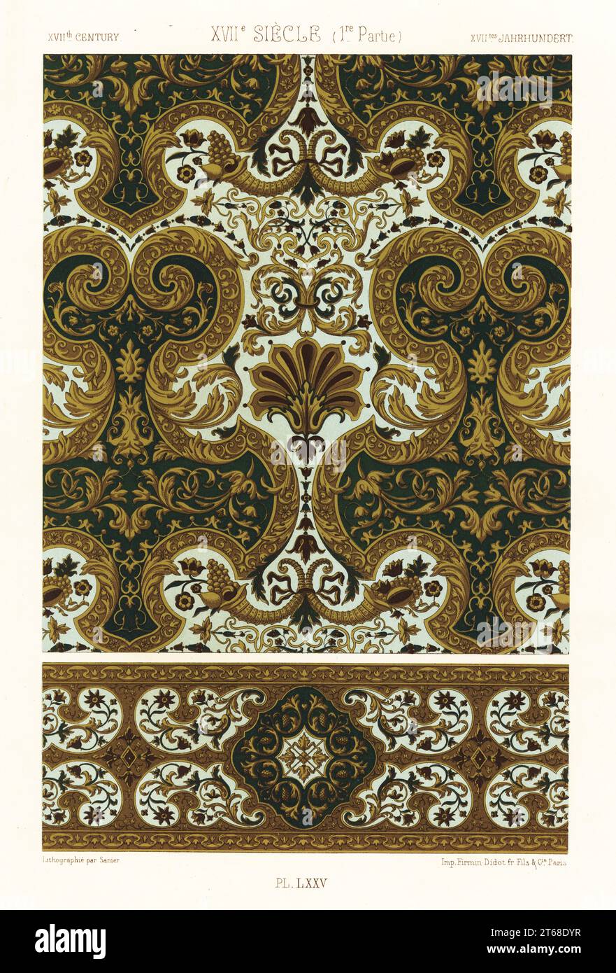 Panneau en cuir doré avec bordure, 17e siècle. Cuir Cordovan estampillé d'or et d'argent, Musée de Cluny. XVIIme Siecle. Chromolithographie finie à la main par G. Sanier de Albert-Charles-Auguste ratinettes LOrnement Polychrome, (ornement polychromatique), Firmin-Didot, Paris, 1869-73. Banque D'Images