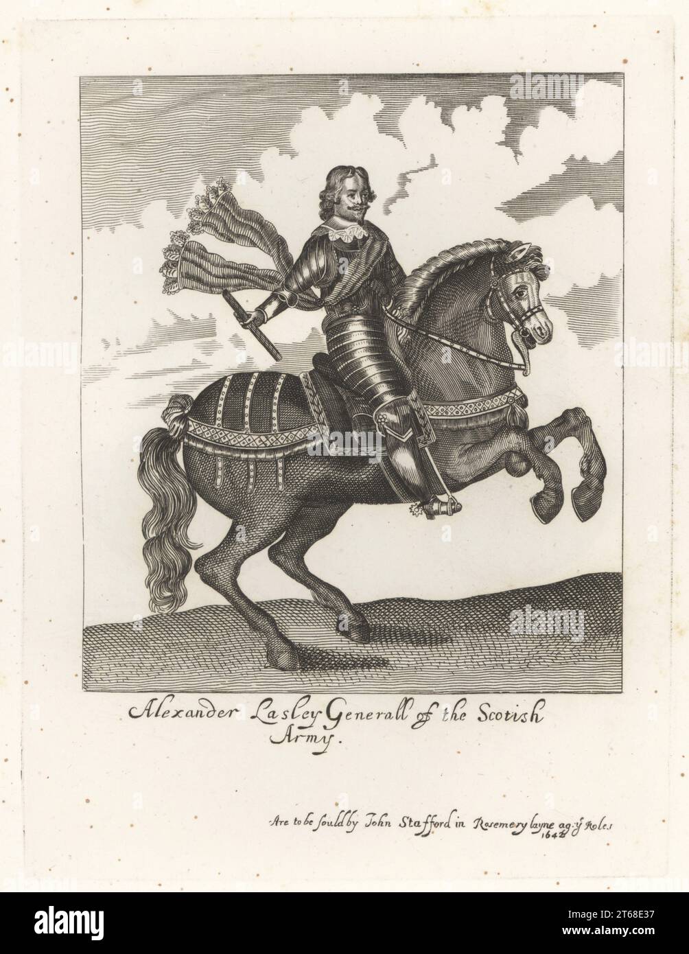 Alexander Leslie, 1e comte de Leven, général écossais pour la cause parlementaire, c.1580-1661. Le roi Charles Ier se rendit à Newark-on-Trenet en 1646. En barbe van Dyke, collier en dentelle, costume d'armure de plaque, ceinture, monté sur un cheval, tenant une matraque. Alexander Lasley, général de l'armée écossaise. De la curieuse estampe équestre de Clarendon d'Earl Spencer, vendue par John Stafford, Rosemary Layne. Gravure sur cuivre de Samuel Woodburns Gallery of rare Portraits consistant en plaques originales, George Jones, 102 St Martins Lane, Londres, 1816. Banque D'Images