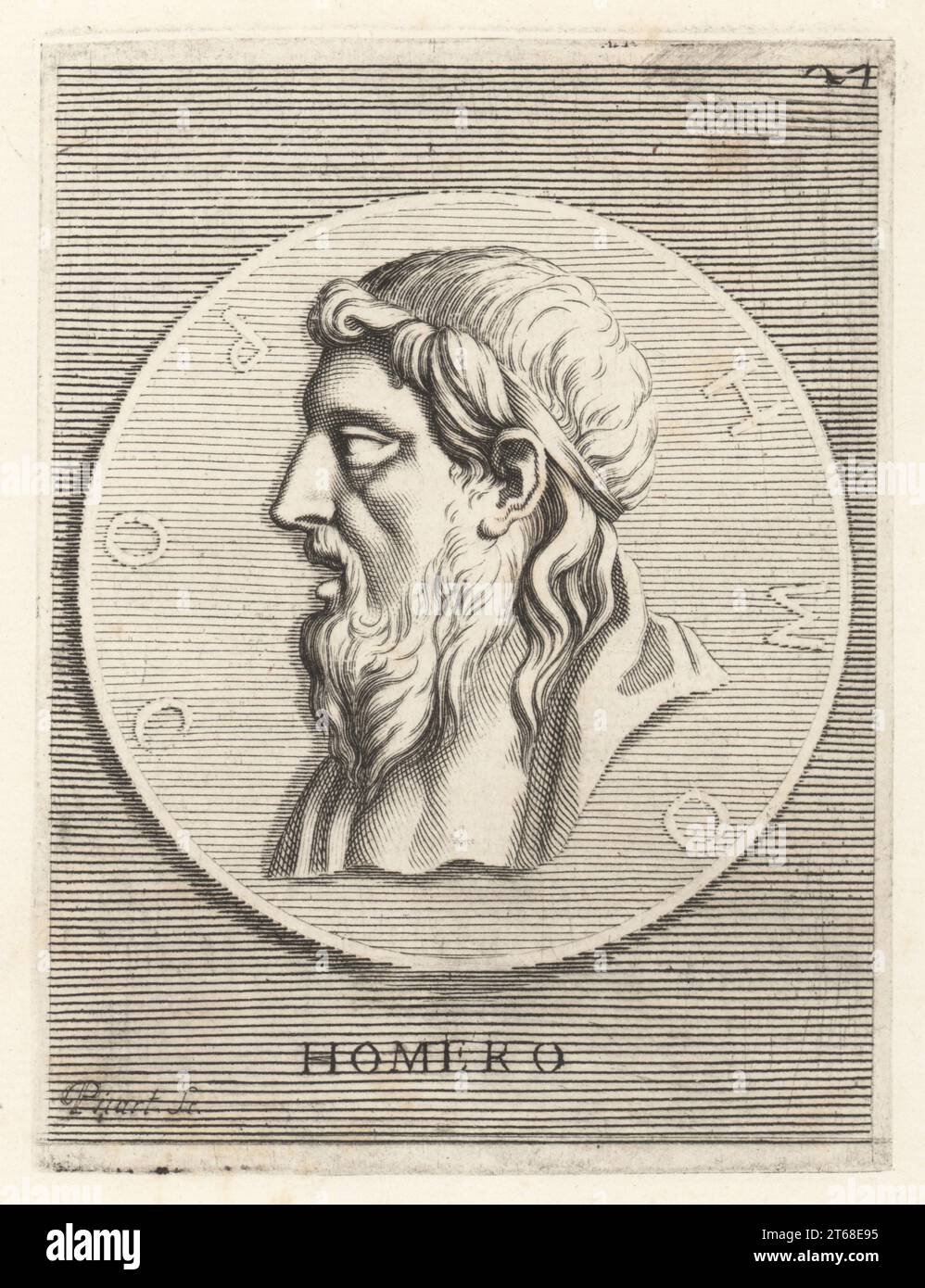 Homère, poète grec crédité comme l'auteur de l'Iliade et de l'Odyssée, 8e siècle av. J.-C.. Buste du poète avec barbe et bande de cheveux d'une pièce grecque en bronze corinthien. Homero. Gravure sur cuivre d'Etienne Picart d'après Giovanni Angelo Canini de Iconografia, cioe disegni d'imagini de famosissimi monarchi, regi, filososi, poeti ed oratori dell' Antichita, dessins d'images de monarques célèbres, rois, philosophes, poètes et orateurs de l'Antiquité, Ignatio deLazari, Rome, 1699. Banque D'Images