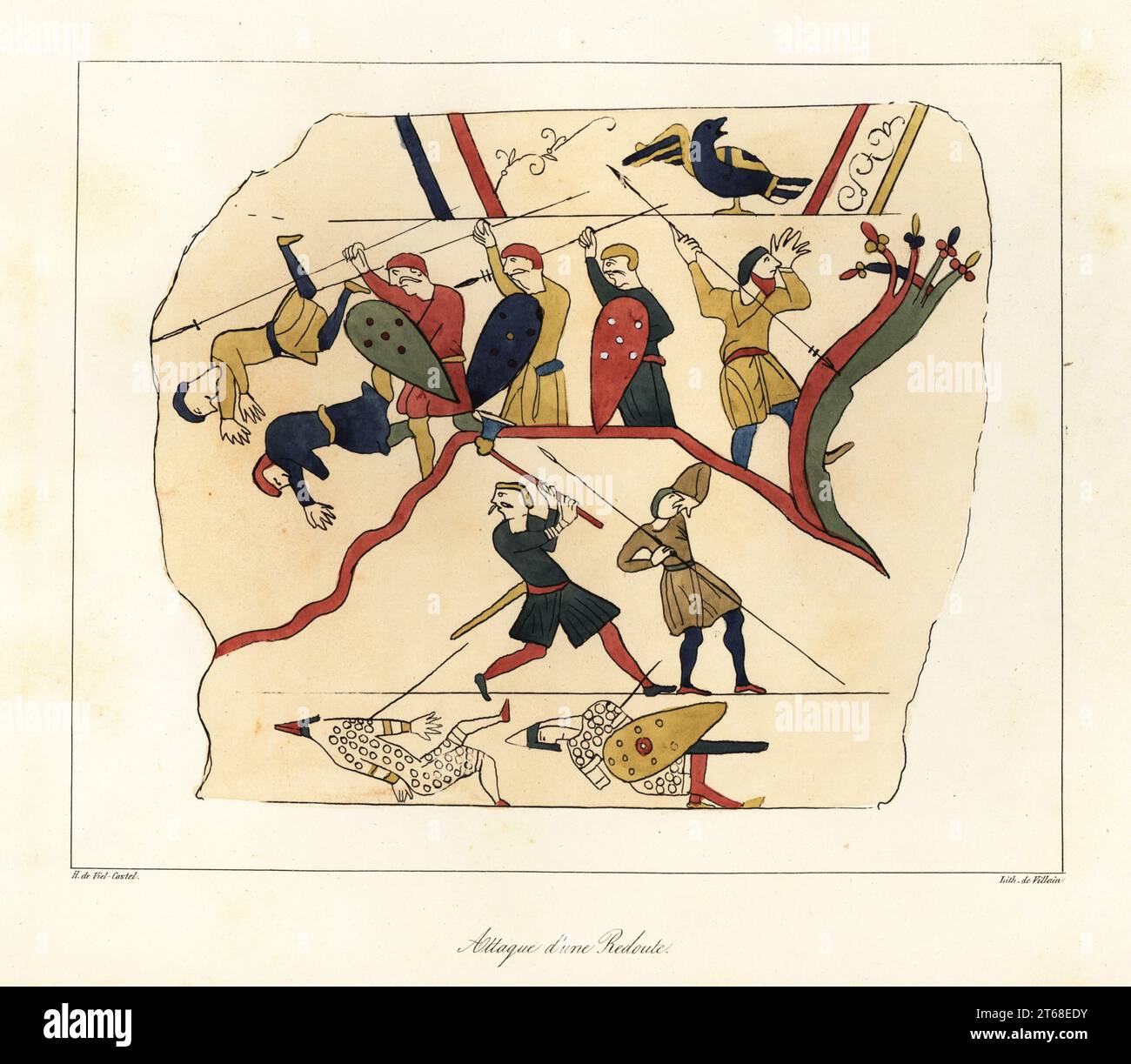Soldats anglo-saxons encerclés sur une butte par des soldats normands à la bataille de Hastings. Ils utilisent la lance, la hache de bataille et le bouclier pour se défendre. Les soldats normands reposent morts à leurs pieds. Scènes de la Tapisserie de Bayeux représentant la conquête normande 1066. Attaque dune redoute. Lithographie coloriée à la main par Villain d'après une illustration d'Horace de Viel-Castel tirée de sa Collection des costumes, armes et meubles pour servir à l'histoire de la France, Treuttel & Wurtz, Bossange, 1829. Banque D'Images