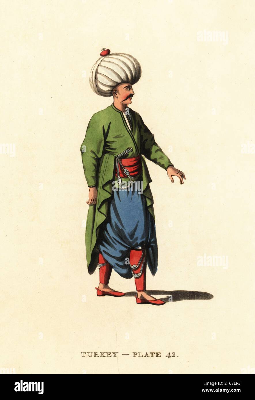 Officier inférieur dans les janissaires, infanterie de l'Empire ottoman. L'uniforme comprend un grand turban, un pantalon ample bleu, des pantoufles rouges. Les couleurs de manteau et de ceinture variaient selon le régiment ou l'odah. Gravure sur cuivre colorée à la main d'après Octavian Dalvimart de William Alexanders traduction de représentations pittoresques de la robe et des manières des Turcs, Thomas MLean, Londres, 1814. Banque D'Images