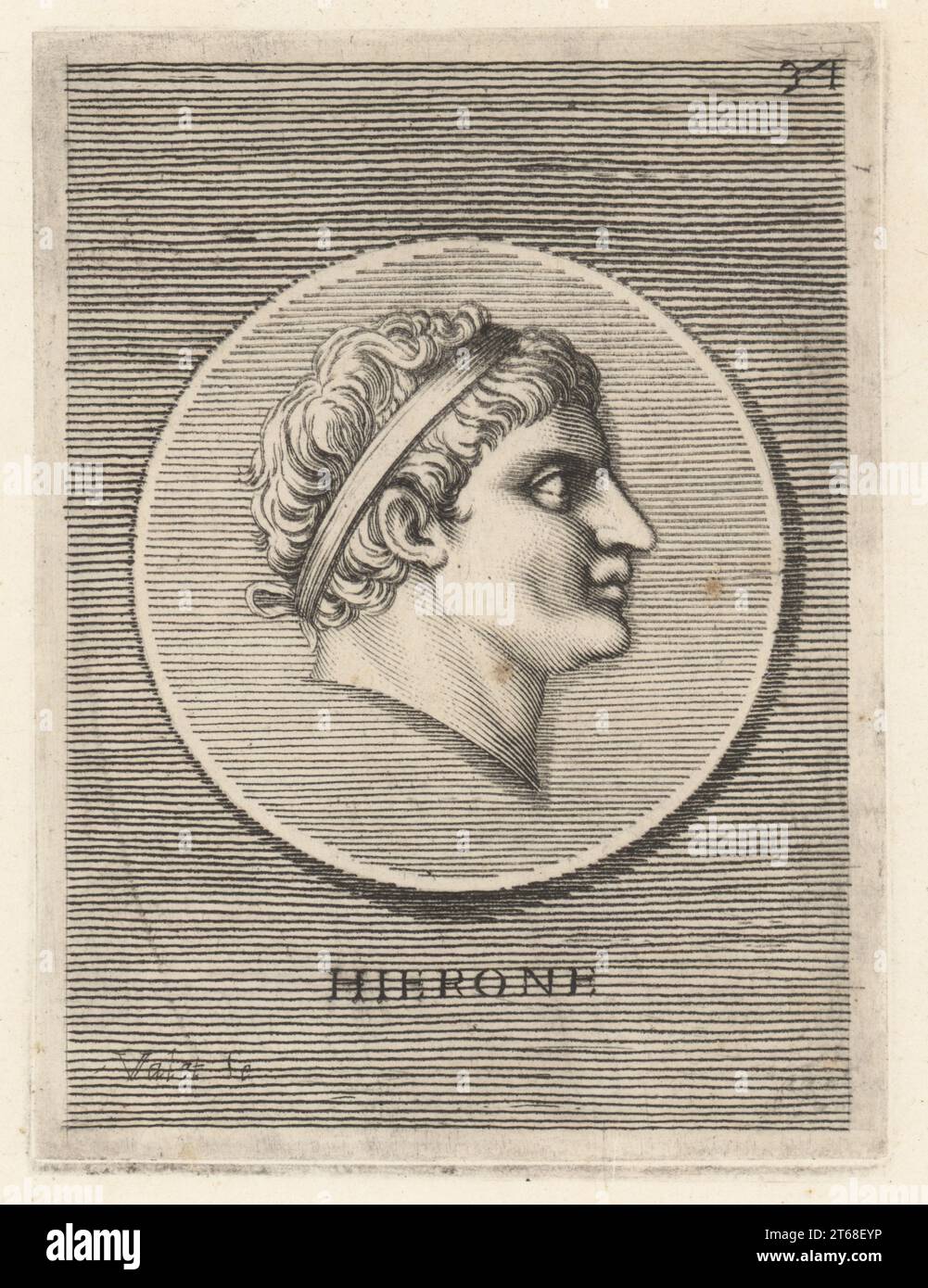 Hiéron Ier, ou Hiéron Ier, tyran de Syracuse, Sicile, de 478 à 467 av. J.-C.. Fils de Deinomenes, et frère de Gelon. Il se rangea du côté des Cuméens dans leur bataille contre les Étrusques à la bataille de Cumae en 474 av. J.-C.. Tête d'un homme portant le diadème royal d'une médaille de bronze. Hierone. Gravure sur cuivre de Guillaume Vallet d'après Giovanni Angelo Canini de Iconografia, cioe disegni d'imagini de famosissimi monarchi, regi, filososi, poeti ed oratori dell' Antichita, dessins d'images de monarques célèbres, rois, philosophes, poètes et orateurs de l'Antiquité, Ignatio deLazari, Rome, 1699. Banque D'Images