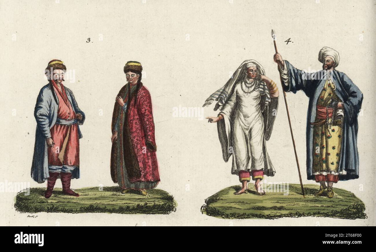 Costumes du peuple d'Asie, 18th siècle. Kalmyk homme dans le caftan, les ponceaux et les bottes, femme dans le cap, le caftan, et les bottes 3, Et homme arabe en turban, robes et ceinture riches, femme arabe en robes avec voile et cultes 4. Gravure sur plaque de coperplate de Friedrich Johann Bertuch's Bilderbuch fur Kinder (Picture Book for Children), Weimar, 1792. Banque D'Images