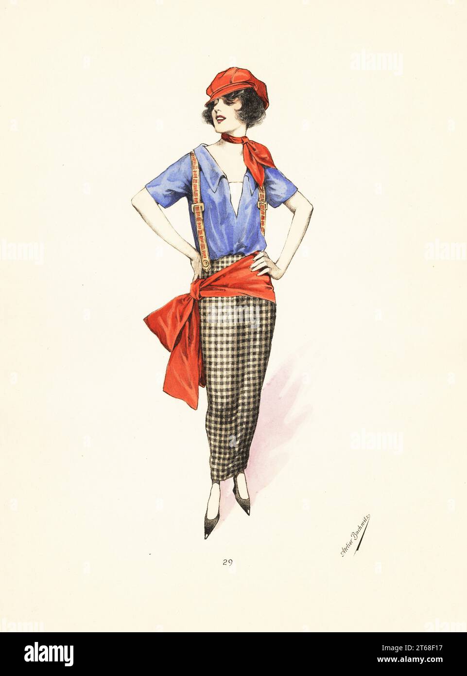 Femme en costume de fantaisie appelé Apache.Casquette en soie rouge, foulard et foulard, blouse bleue, bretelles en toile, jupe à damier.Lithographie pochorale de couleur main du Carnaval parisien, Volume 10, une édition spéciale du chic parisien, publiée par atelier Bachwitz, Vienne, 1920. Banque D'Images