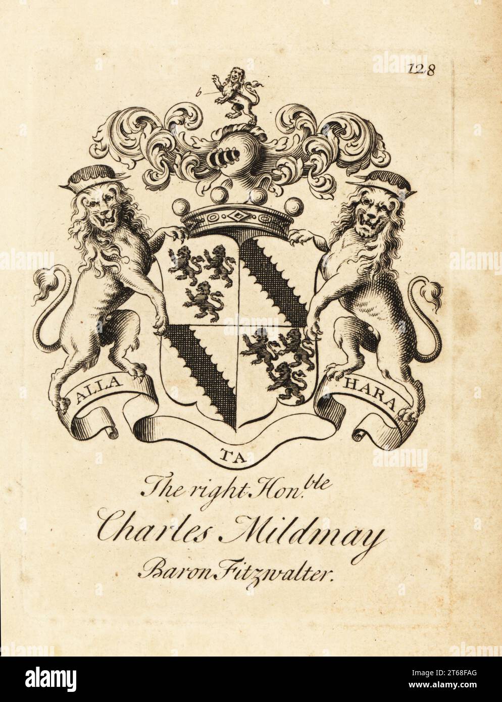 Armoiries du très honorable Charles Mildmay, 18e baron Fitzwalter, 18e baron FitzWalter, 16701728. Gravure sur cuivre d'Andrew Johnston d'après C. Gardiner de Notitia Anglicana, Shewing the Achievements of All the English Nobility, Andrew Johnson, The Strand, Londres, 1724. Banque D'Images