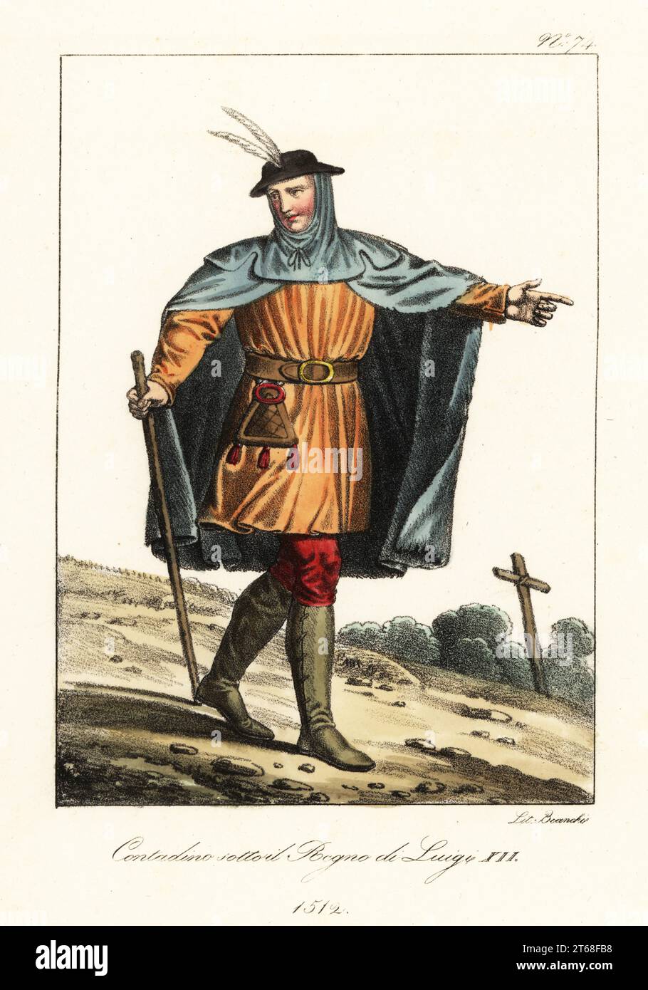 Paysan français, 1512. En bonnet à plumé, cape avec capuche, doublet, collons, guêtres, avec ceinture et almonère. Paysan sous le règne de Louis XII Lithographie coloriée à la main de Lorenzo Bianchi d'après Hippolyte Lecomte de Costumi civili e militari della monarchia francese dal 1200 al 1820, Naples, 1825. Édition italienne des costumes civils et militaires Lecomtes de la monarchie française de 1200 à 1820. Banque D'Images