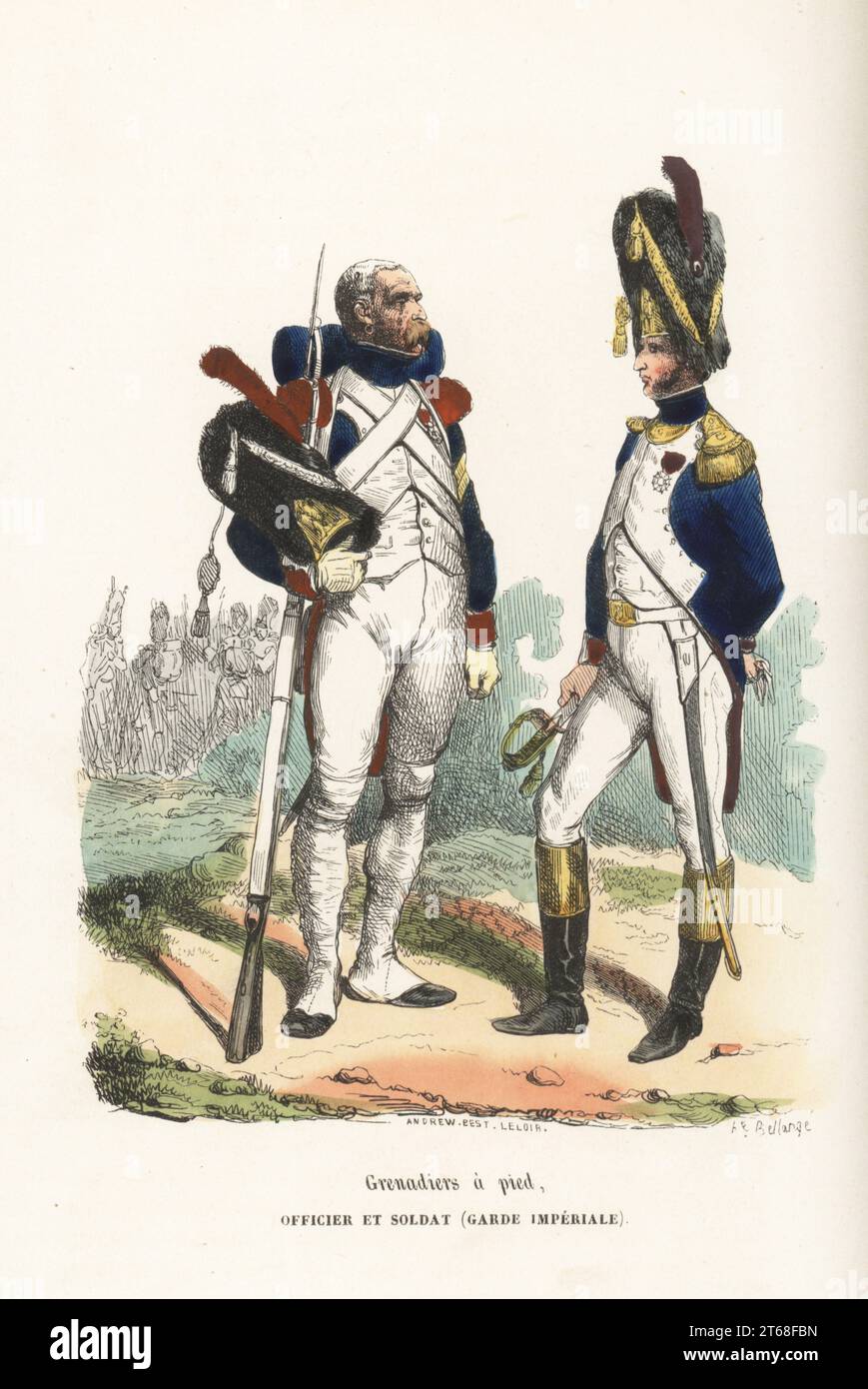 Grenadiers de la Garde Impériale française (privés et officiers). Soldat d'infanterie en manteau bleu, épaulettes rouges, pantalons blancs et guêtres, tenant une peau d'ours avec plaque en laiton. Grenadiers un pied. Officier et soldat Garde Imperiale. Gravure sur bois coloriée par Andrew Best Leloir d'après une illustration de Hippolyte Bellangé de P.M. Laurent de lArdeches Histoire de Napoleon, Paris, 1840. Banque D'Images