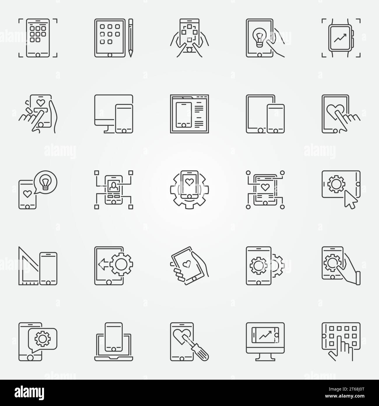 Jeu d'icônes de contour de développement d'applications mobiles. Application mobile créant des symboles vectoriels dans le style de ligne fine Illustration de Vecteur