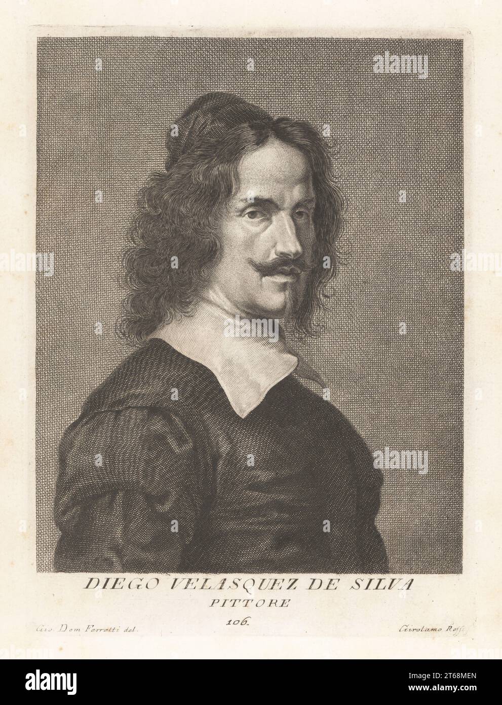 Diego Rodríguez de Silva y Velázquez, peintre espagnol, l'artiste principal à la cour du roi Philippe IV d'Espagne et du Portugal, et de l'âge d'or espagnol, 1599-1660. Diego Velasquez de Silva, Pittore. Gravure sur plaque de coperplate par Girolamo Rossi d'après Giovanni Domenico Ferretti après un autoportrait de l'artiste du Museo Florentino de Francesco Moucke, Serie di Ritratti de Pittori (série de Portraits de Peintres) stampia Mouckiana, Florence, 1752-62. Banque D'Images