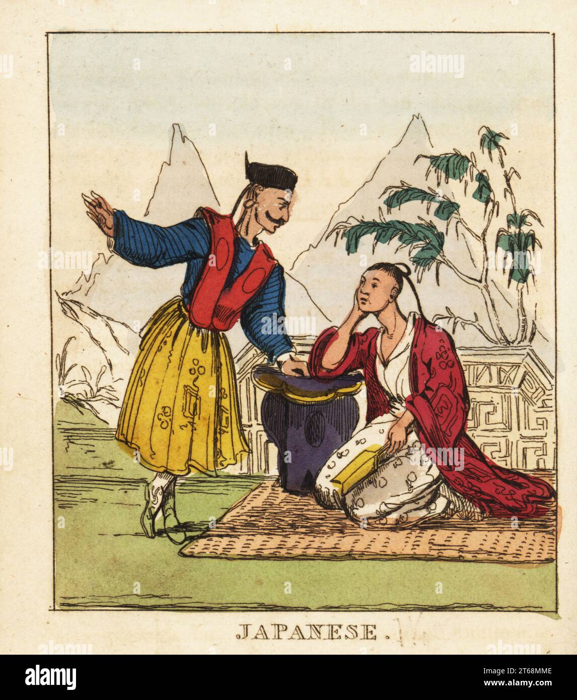 Costume japonais, 19e siècle. Homme en chapeau, gilet, veste et pantalon  hakama. Femme avec des cheveux en tresses, portant un kimono et tenant un  éventail. Gravure sur cuivre colorée à la main