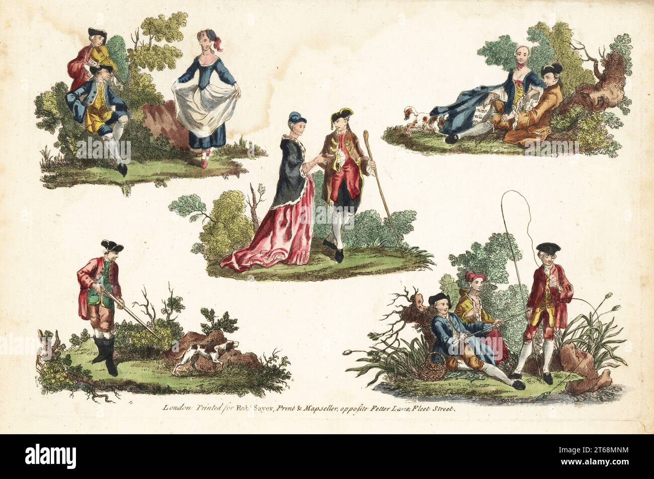 Groupes de figures du 18e siècle dans les passe-temps rustiques. Hommes et femmes dansant, chassant, pêchant, flirtant et marchant. Gravure sur cuivre colorée à la main de Robert Sayers The Artists Vade Mecum, Being the Whole Art of Drawing, Londres, 1766. Banque D'Images