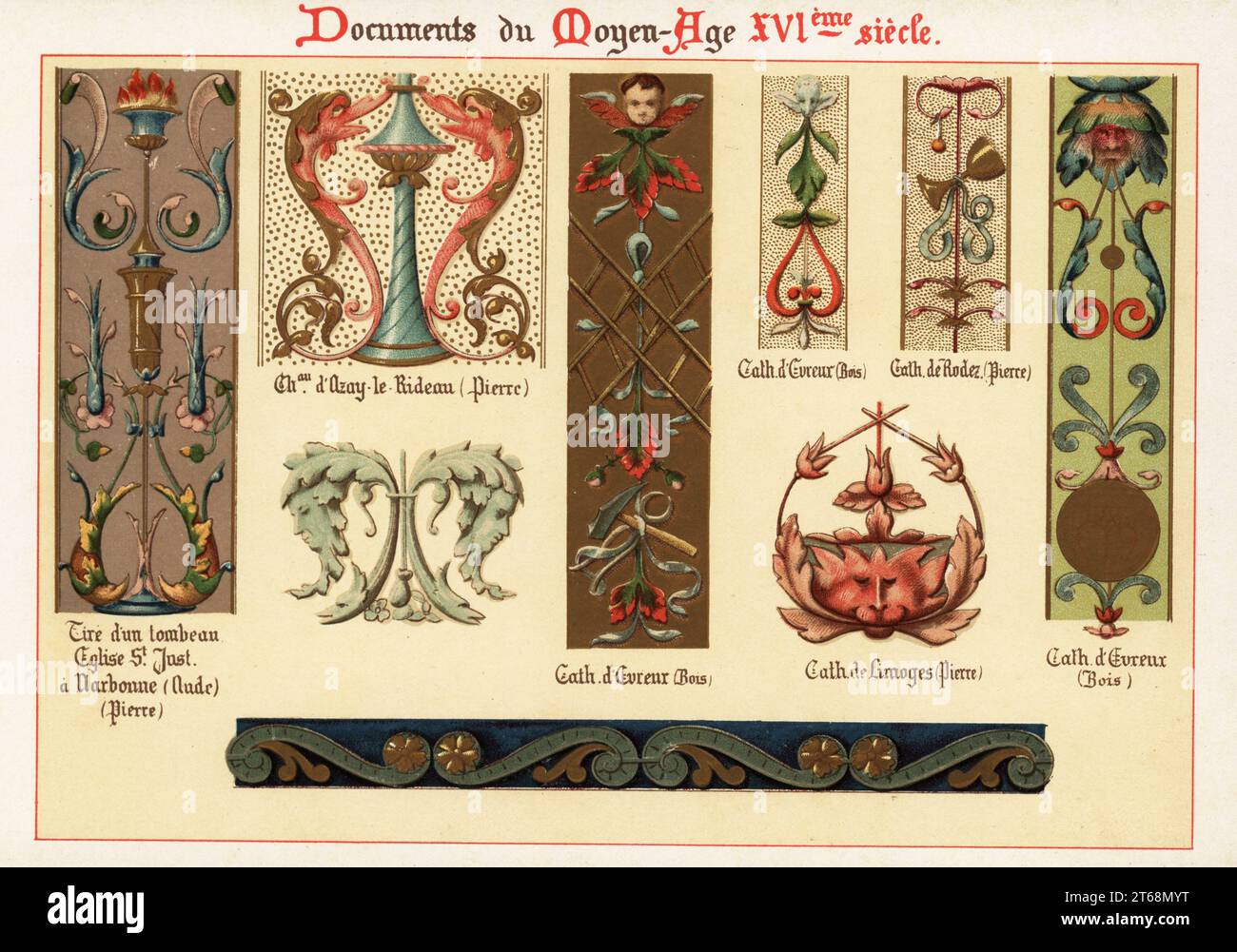 Éléments de design, guirlandes et motifs de feuillage du 16e siècle. Tombeau dans l'église Saint-Just à Narbonne, Château dOzay-le-Rideau, Cathédrale d'Evreux, Cathédrale de Limoges, Cathédrale de Rodez. Chromolithographie conçue et lithographiée par Ernst Guillot dans Elements d'Ornementation du XVIe siècle, Eléments d'ornement du 16e siècle, Renouard, Paris, 1890. Banque D'Images