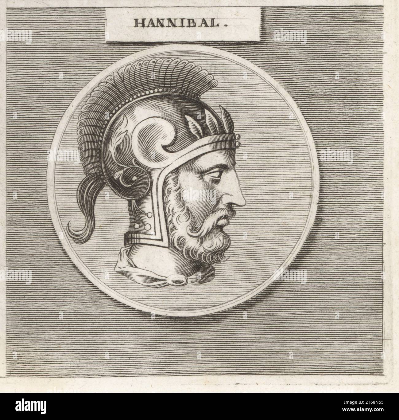 Hannibal, général carthaginois, c.247-183 av. J.-C.. Fils de Hamilcar Barca, commanda les forces de Carthage contre la République romaine pendant la Seconde Guerre punique. Profil d'un homme barbu en casque à crête. Hannibal. Gravure sur cuivre d'après une illustration de Joachim von Sandrart tirée de sa LAcademia Todesca, della Architectura, Scultura & Pittura, oder Teutsche Academie, der Edlen Bau- Bild- und Mahlerey-Kunste, Académie allemande d'architecture, de sculpture et de peinture, Jacob von Sandrart, Nuremberg, 1675. Banque D'Images